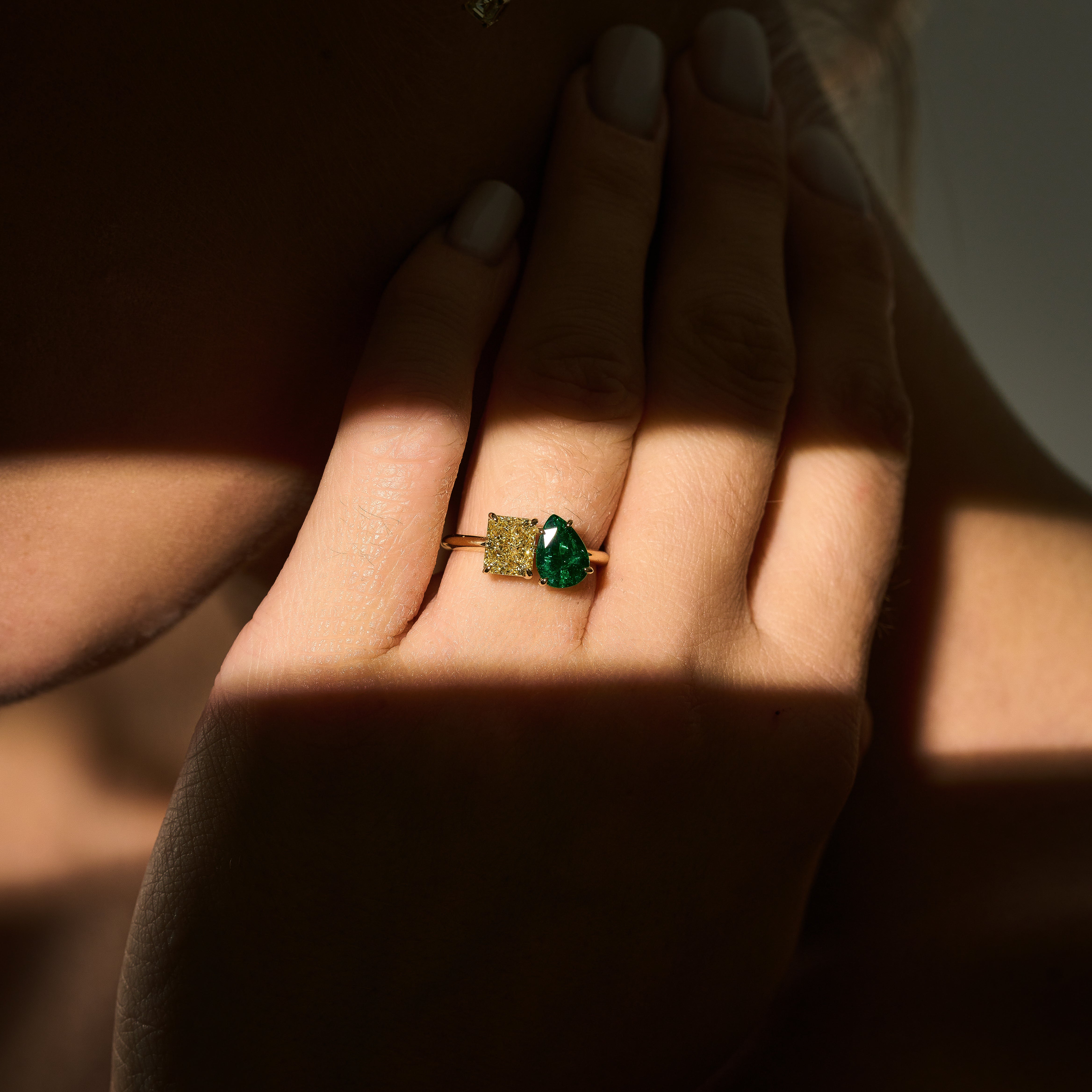 Yellow Diamond and Emerald Ring