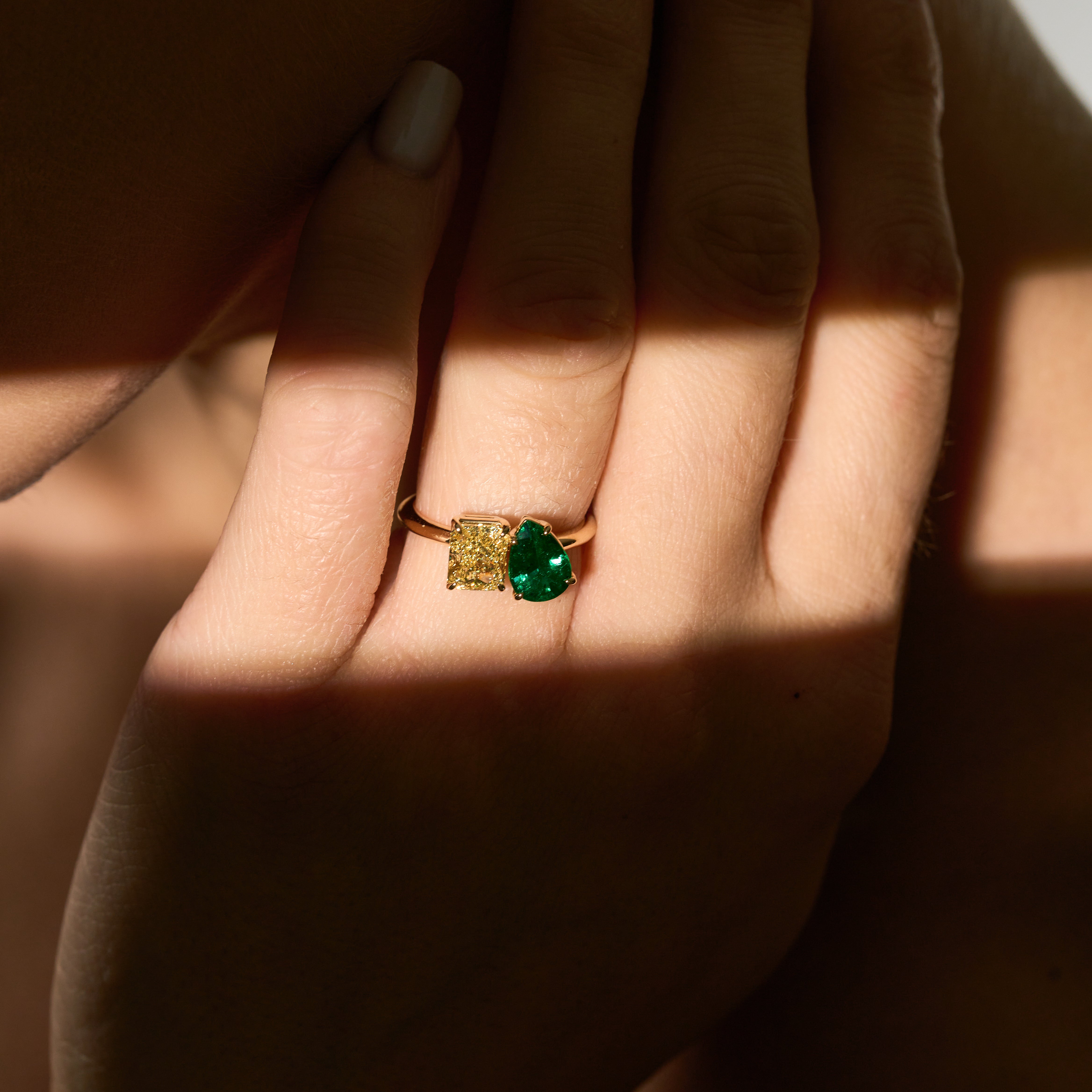 Yellow Diamond and Emerald Ring