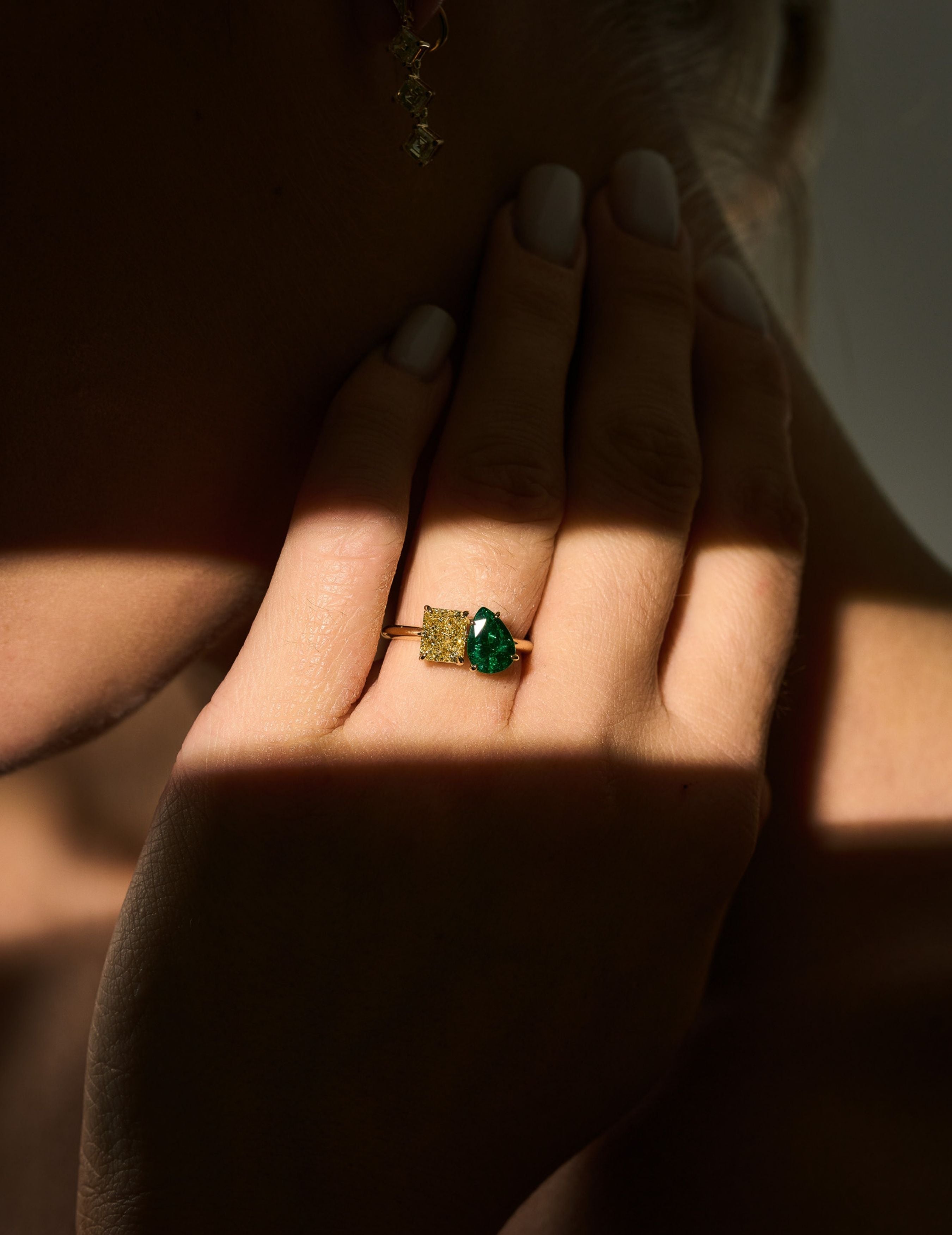 Yellow Diamond and Emerald Ring