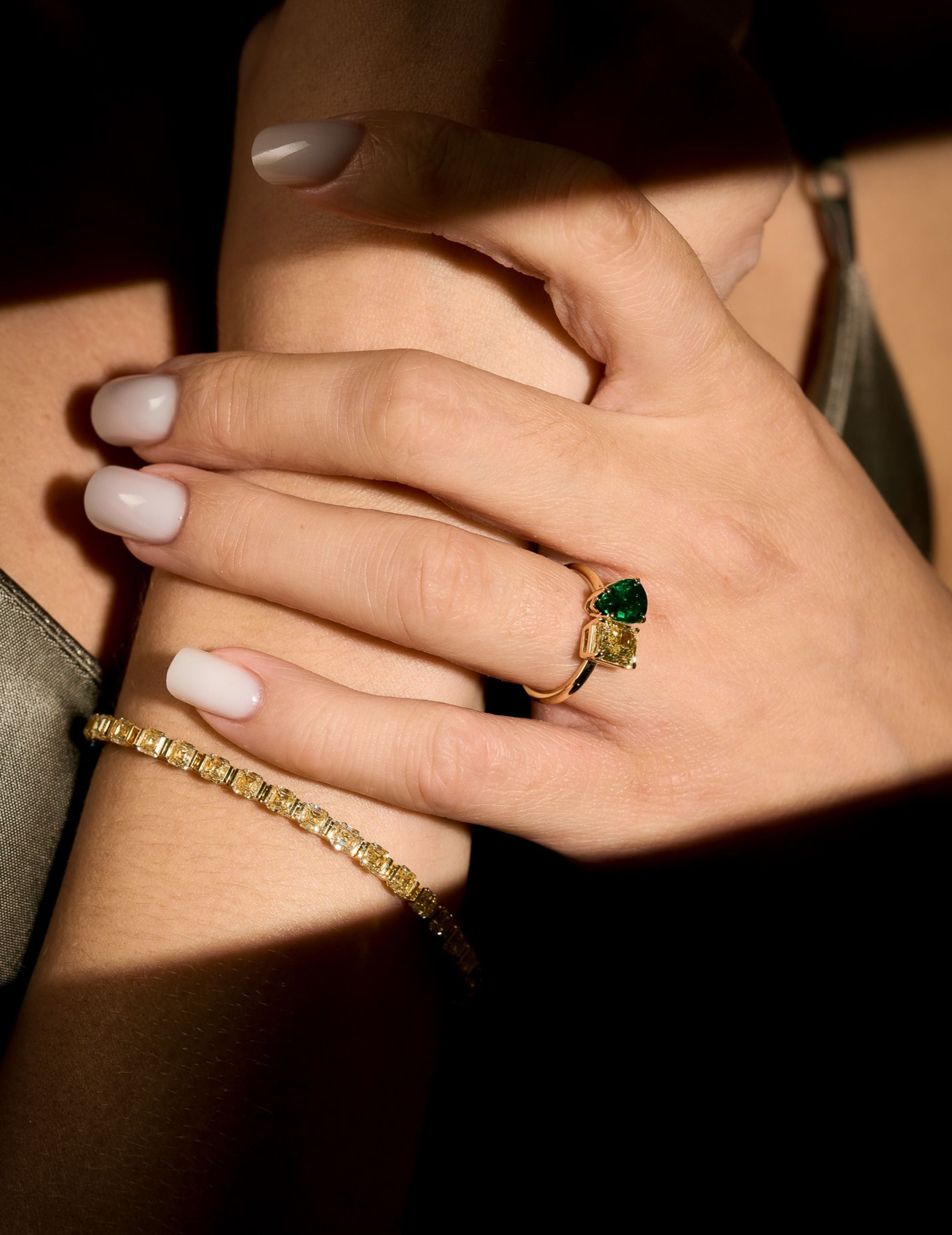 Yellow Diamond and Emerald Ring