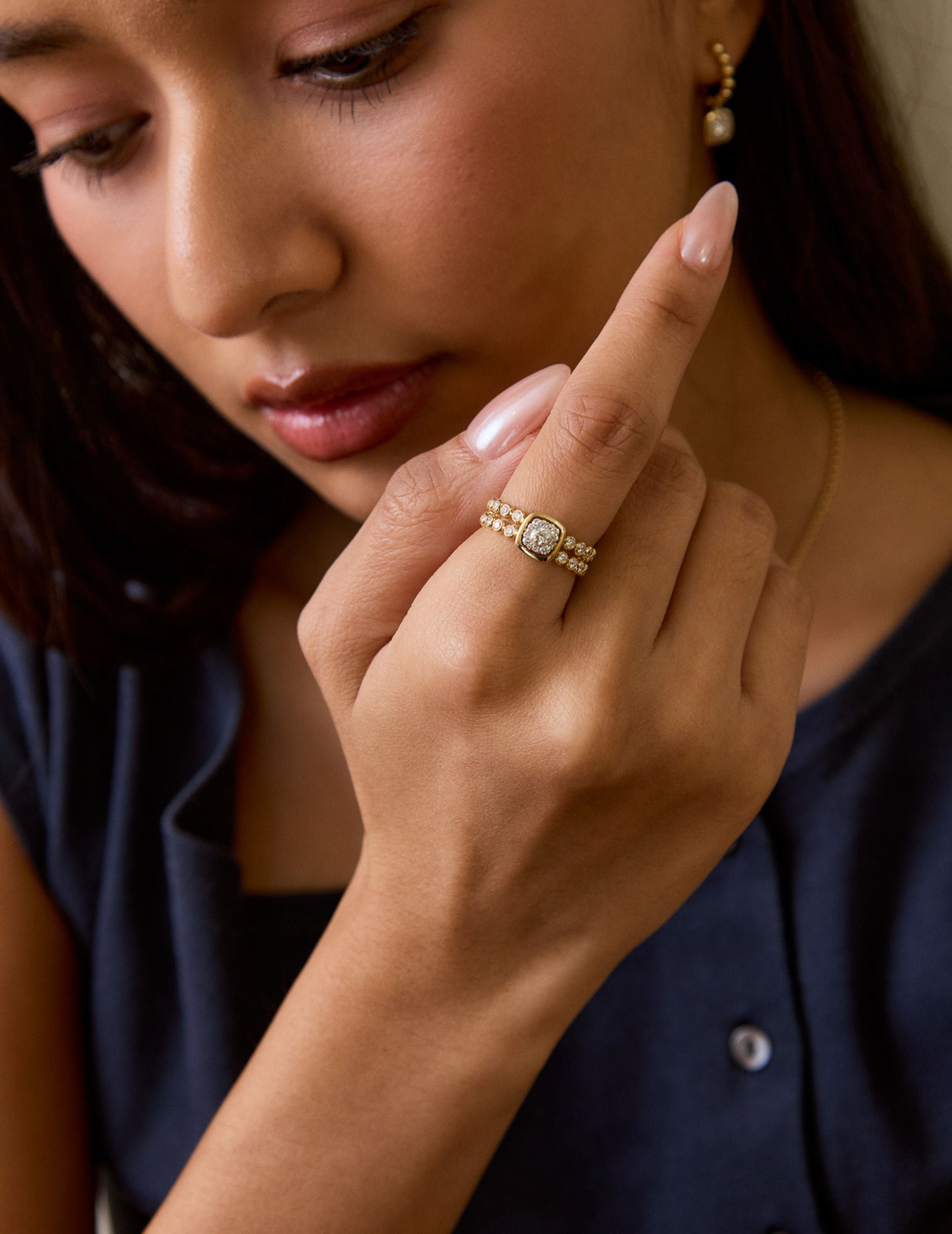 Gold Bead Cushion Ring